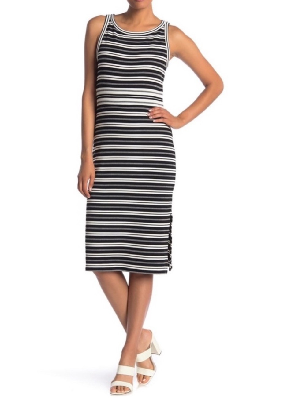Max Studio Black and White Striped Sleeveless Midi Dress, size L